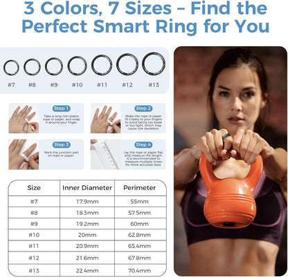 Gesture control smart ring sizes 7 to 13 with finger measurement steps and kettlebell workout