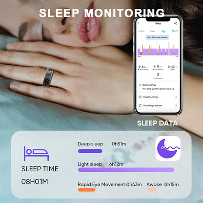 Sleeping woman wearing gothic smart ring beside deep, light, REM, and awake sleep data