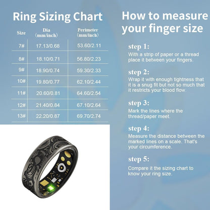 Gothic smart ring size chart for sizes 7 through 13 with five finger measurement steps