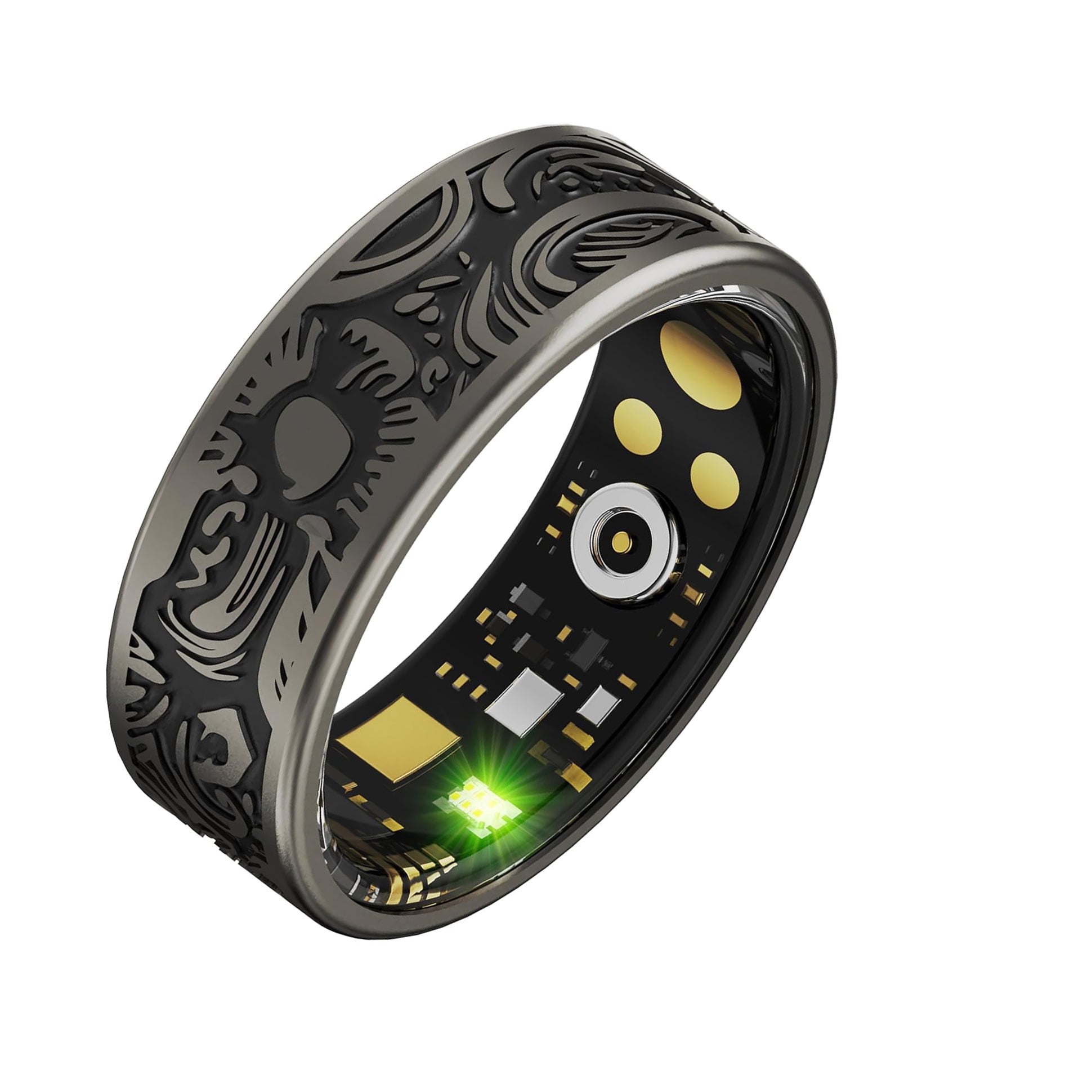 Gunmetal gothic smart ring with skull engraving, inner sensor contacts, and green LED on white