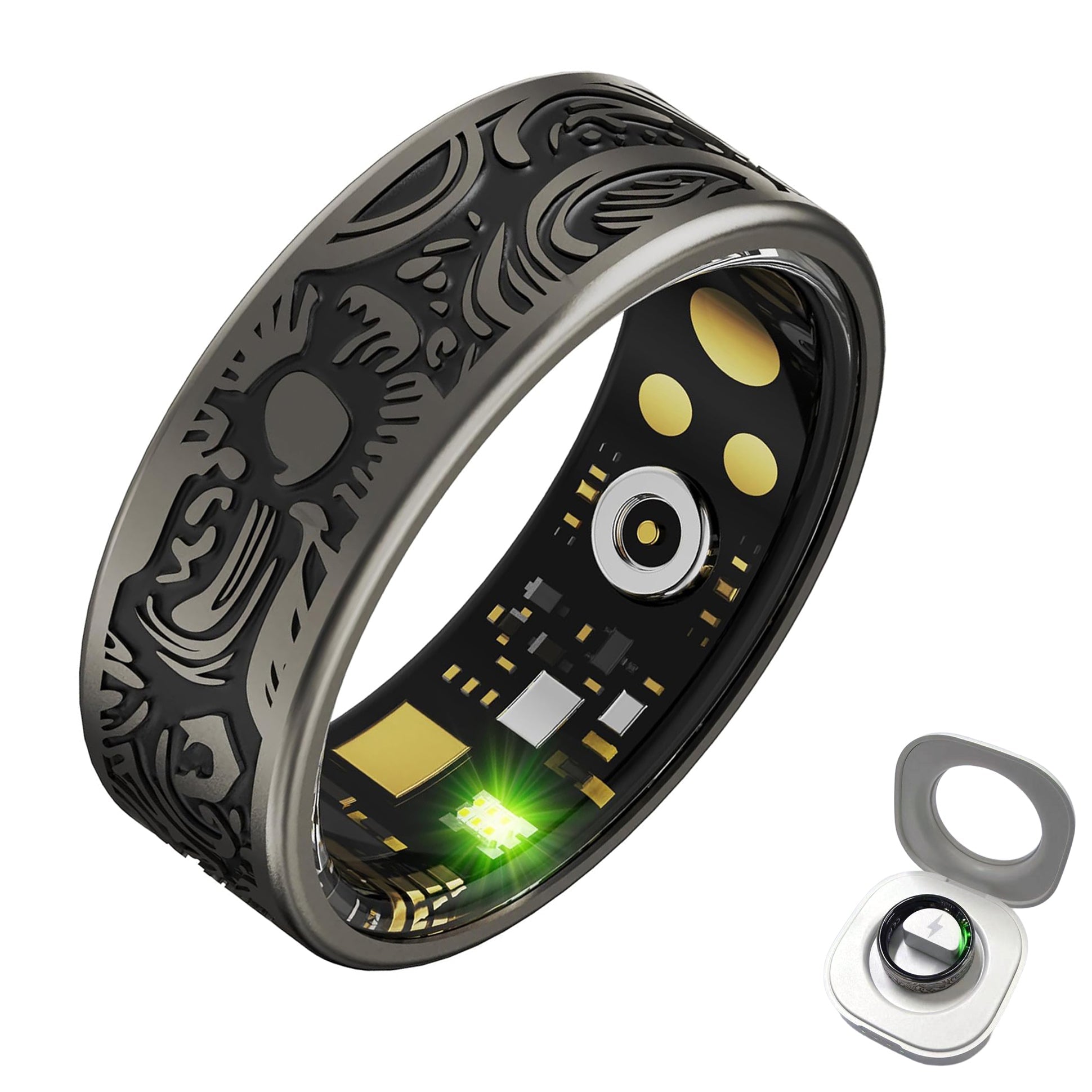 Gunmetal gothic smart ring with engraved skull and scrollwork, visible sensors, and charging case
