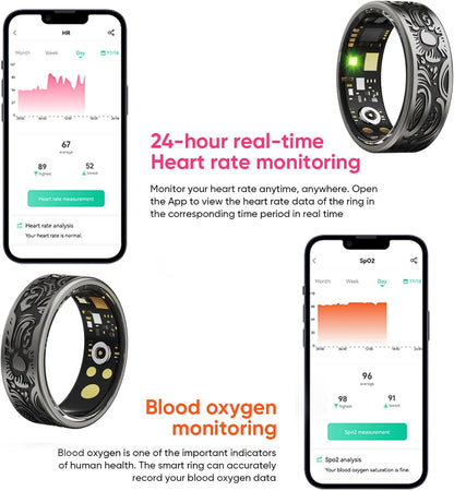 Engraved gothic smart ring beside app graphs for heart rate and blood oxygen monitoring