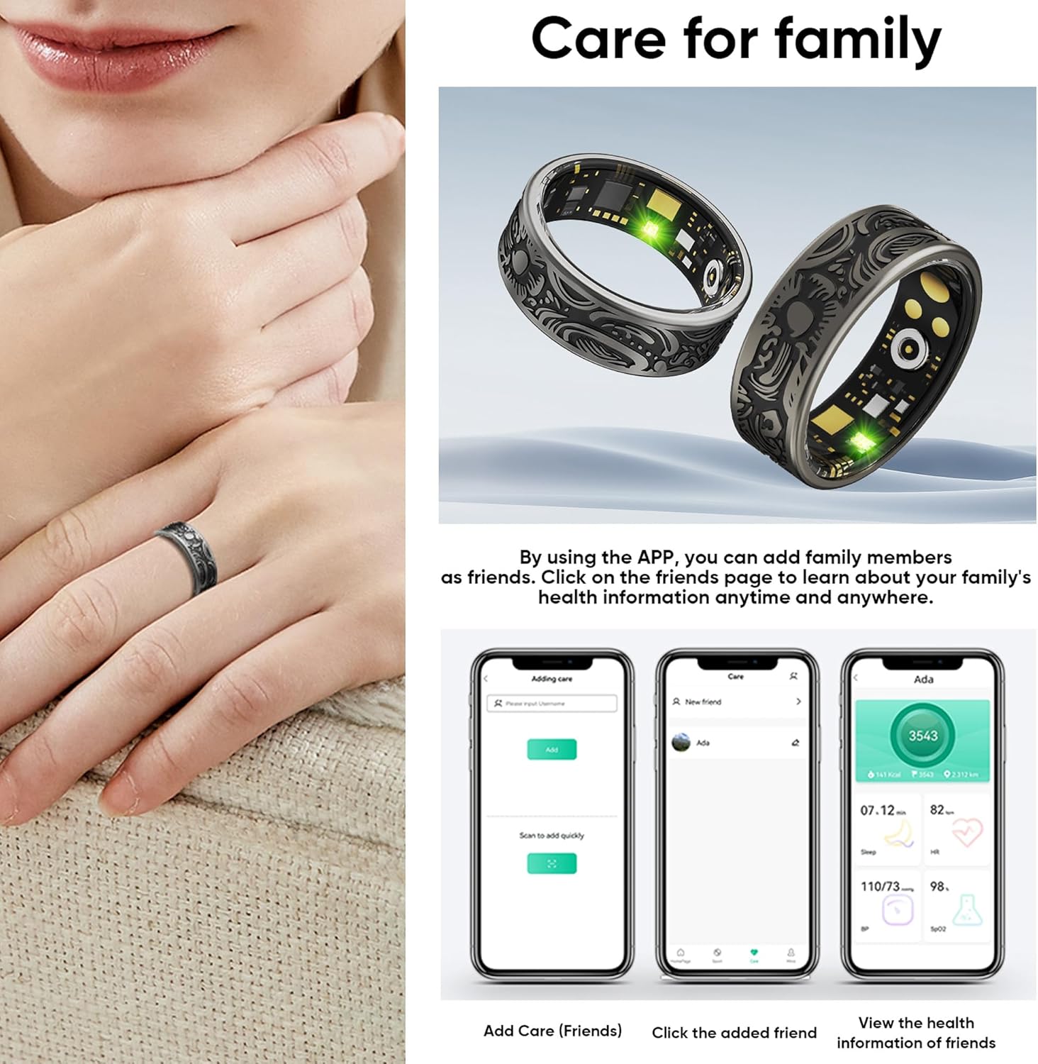 Woman wearing engraved gothic smart ring beside family health sharing app screens