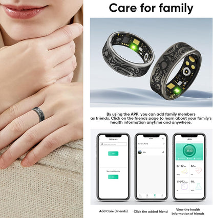Woman wearing engraved gothic smart ring beside family health sharing app screens