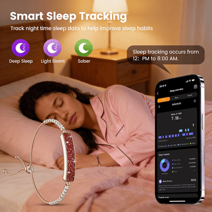 Sleeping woman wearing red crystal GR1 bracelet beside deep, light, REM, and awake sleep graph