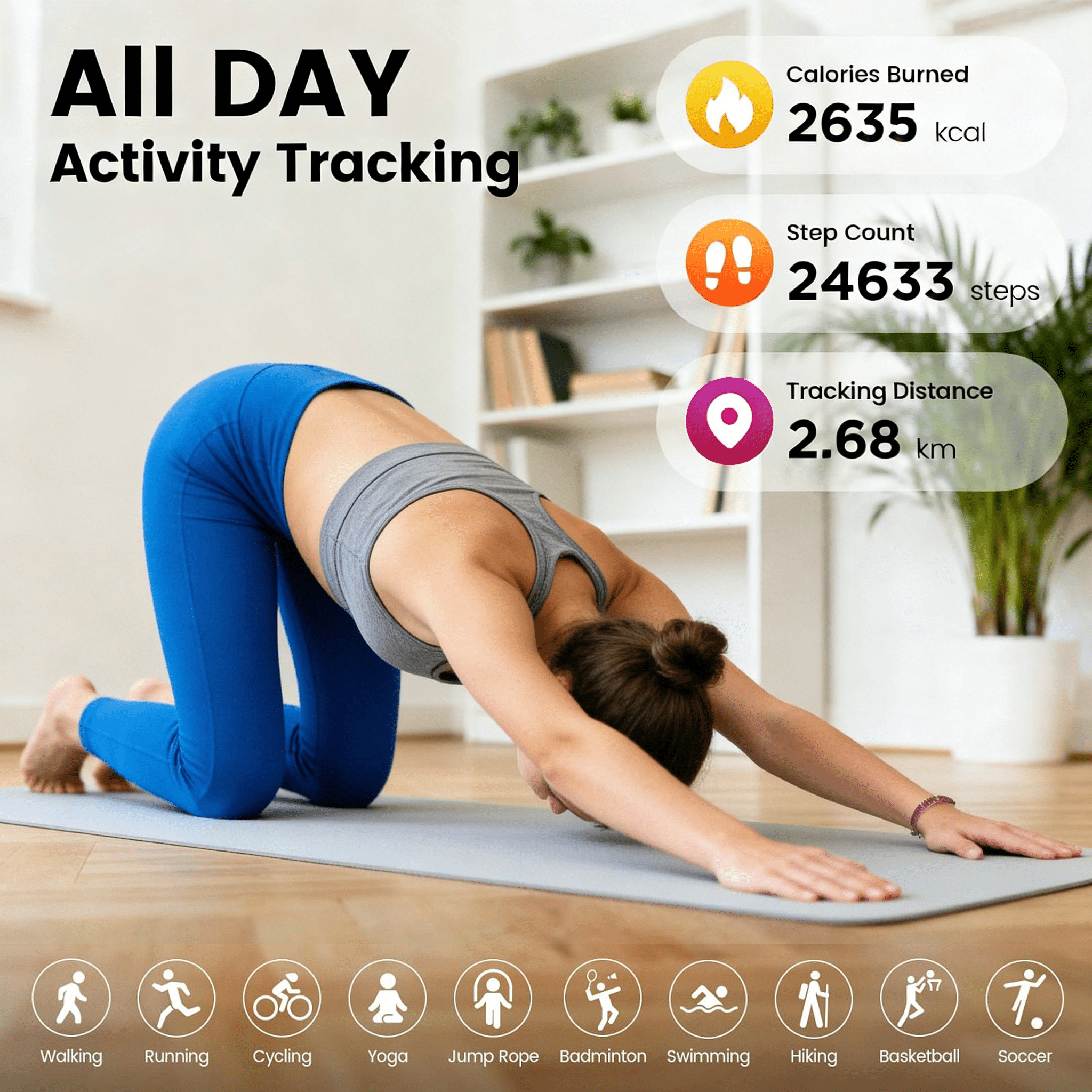 Woman doing yoga beside all-day activity metrics and icons for ten exercise modes