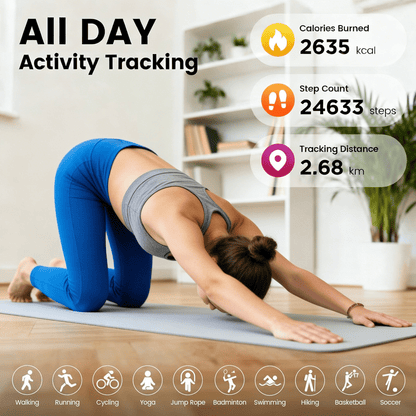Woman doing yoga beside all-day activity metrics and icons for ten exercise modes