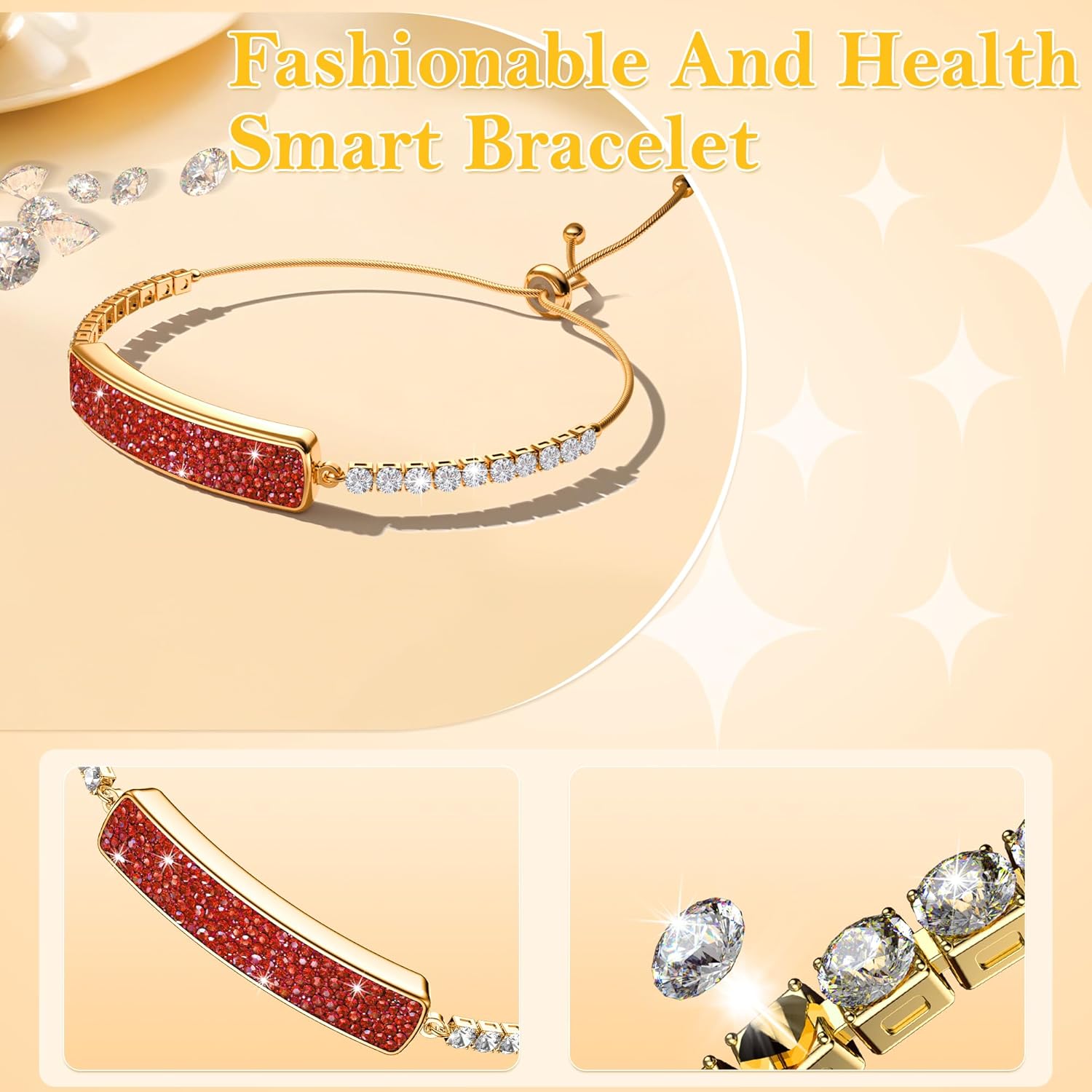 Rose gold GR1 bracelet with red crystal face and clear stone links in close-up detail panels