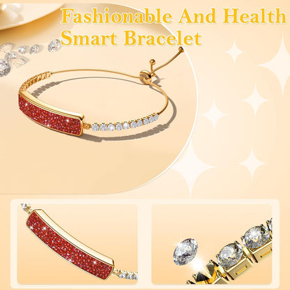 Rose gold GR1 bracelet with red crystal face and clear stone links in close-up detail panels