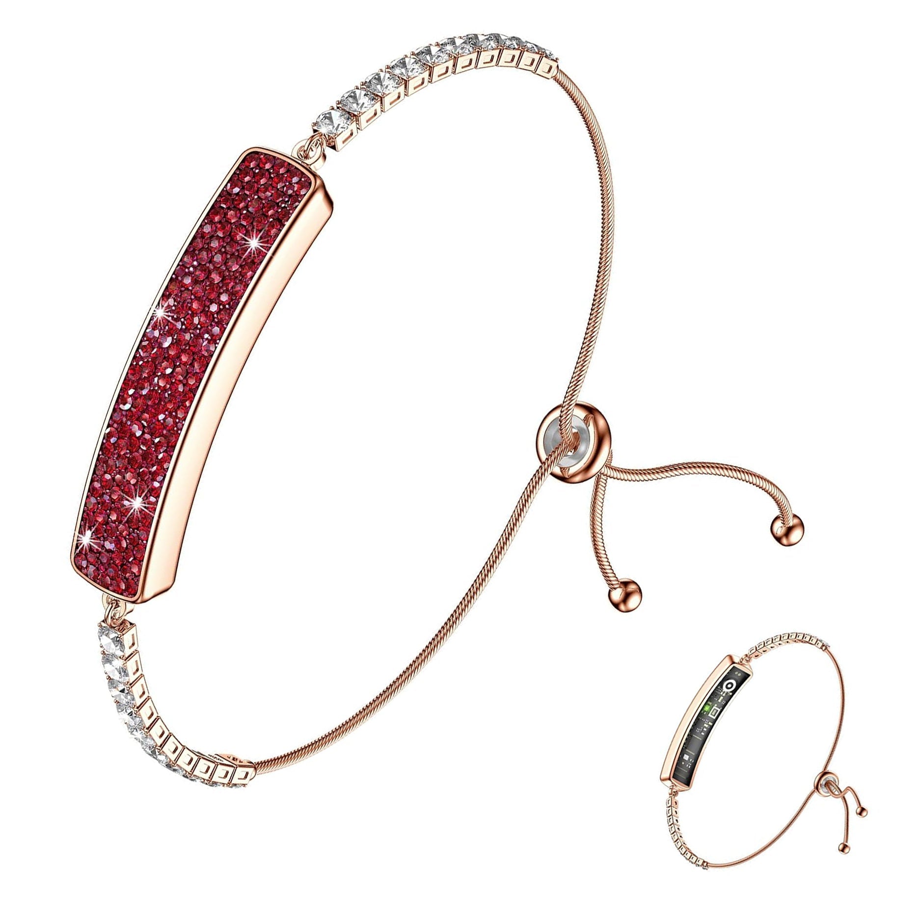 Rose gold GR1 smart bracelet with red crystal face, clear stone links, and adjustable slider