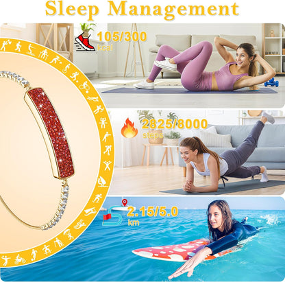 Red crystal GR1 bracelet beside women exercising indoors and surfing with activity metrics