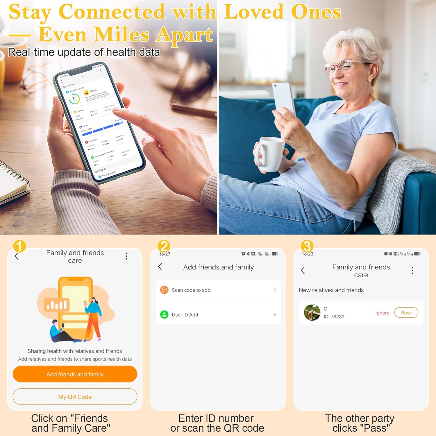 Older woman using phone beside family health sharing setup screens and real-time data