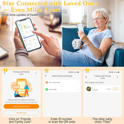 Older woman using phone beside family health sharing setup screens and real-time data