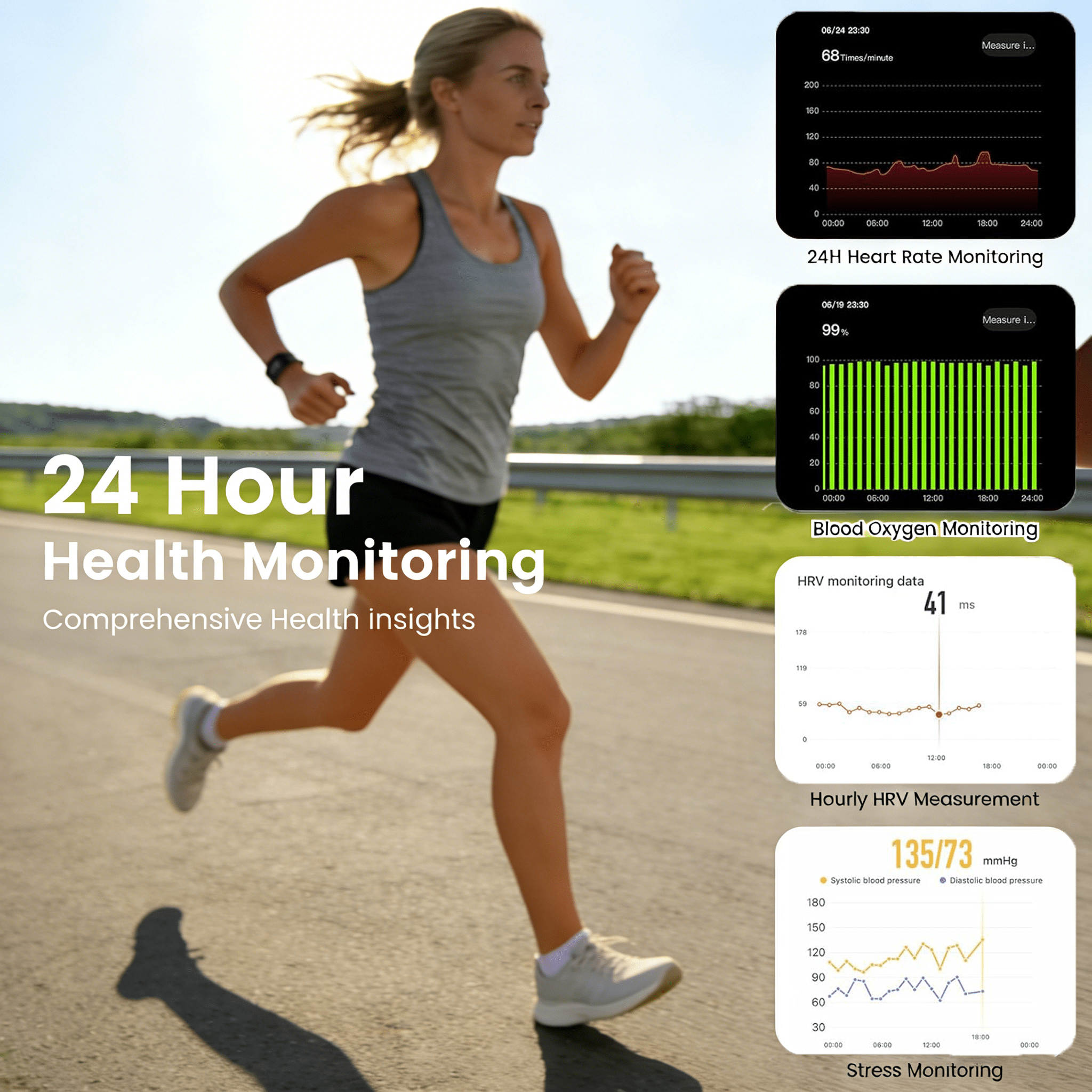 Woman running outdoors beside heart rate, blood oxygen, HRV, and stress monitoring charts