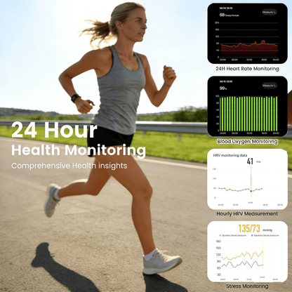 Woman running outdoors beside heart rate, blood oxygen, HRV, and stress monitoring charts