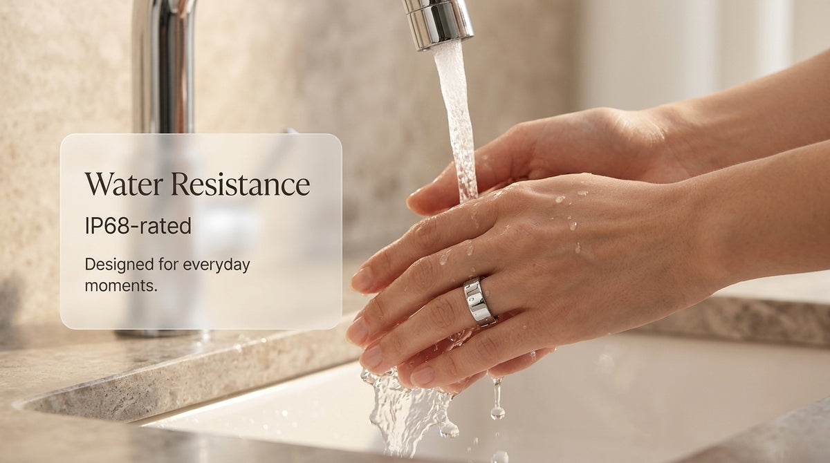 Water Resistance: smart ring lifestyle scene with illustrative feature information