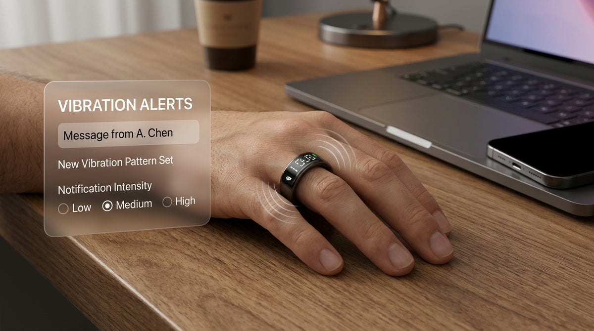 Vibration Alerts: smart ring lifestyle scene with illustrative feature information