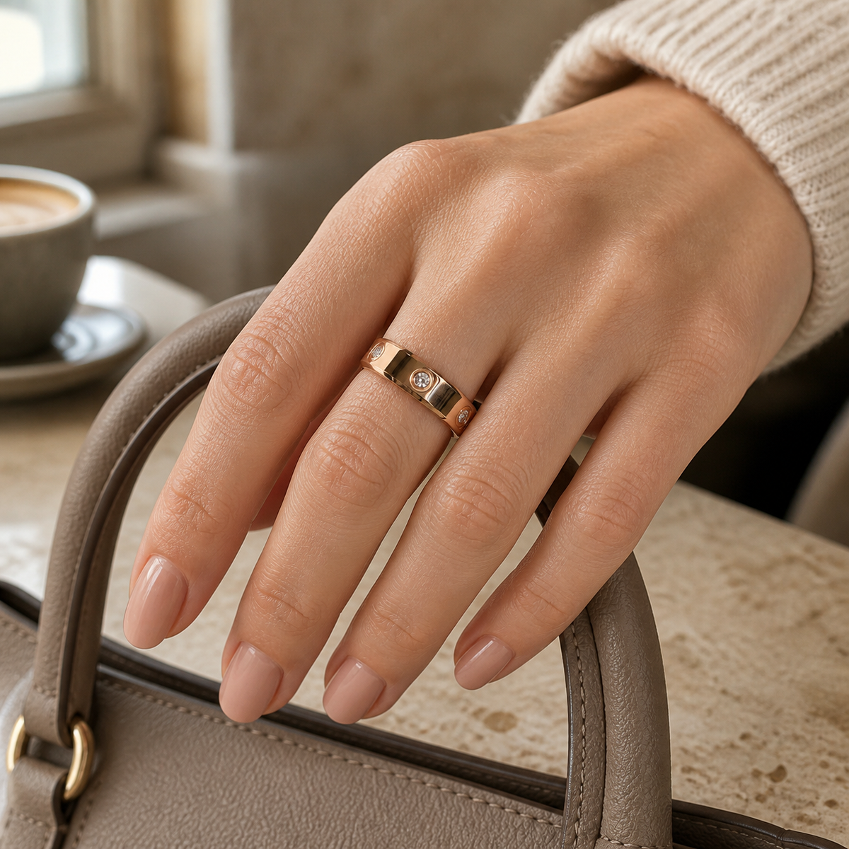 Woman wearing the Wrongduck HR1 rose gold smart ring while resting her hand on a taupe handbag#color_hr1-rose-gold