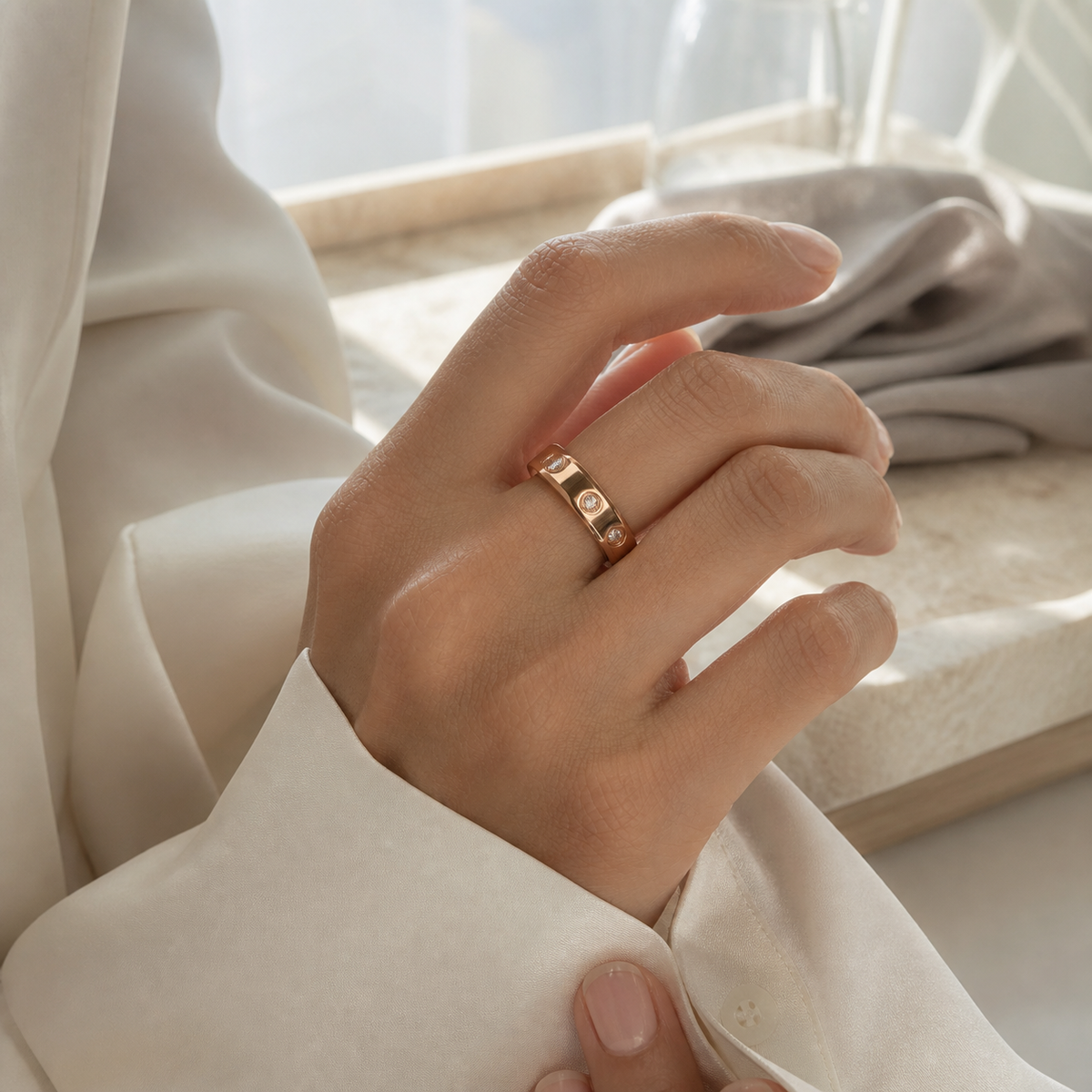 Woman wearing the Wrongduck HR1 rose gold smart ring while adjusting an ivory blouse cuff#color_hr1-rose-gold