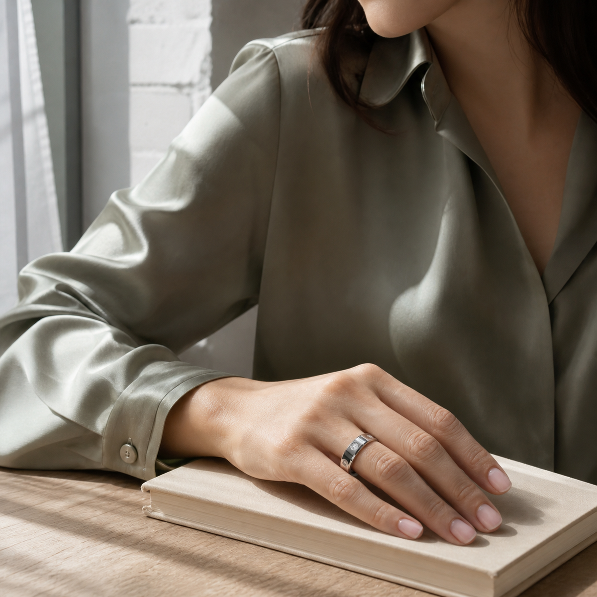 Woman wearing the Wrongduck HR1 silver smart ring beside a window#color_hr1-silver