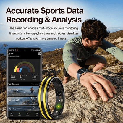 Man climbing rocky terrain wearing an HR2 ring beside a sports tracking app and black-gold ring