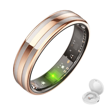 Rose gold and silver HR2 smart ring with glowing green sensor and white charging case