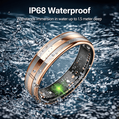 Rose gold HR2 ring surrounded by splashing water with an IP68 waterproof message