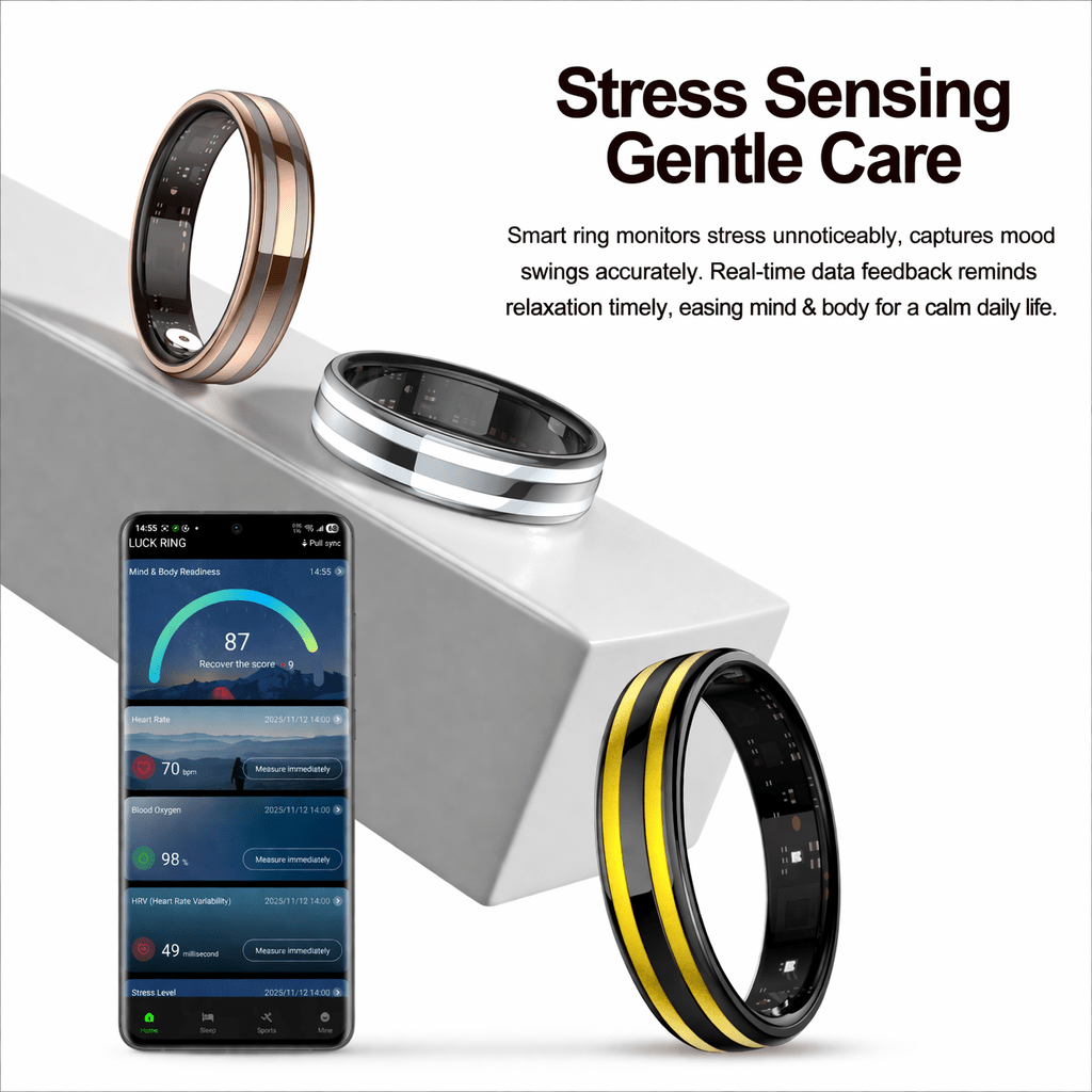Three HR2 ring color variants beside a phone showing stress and health readings