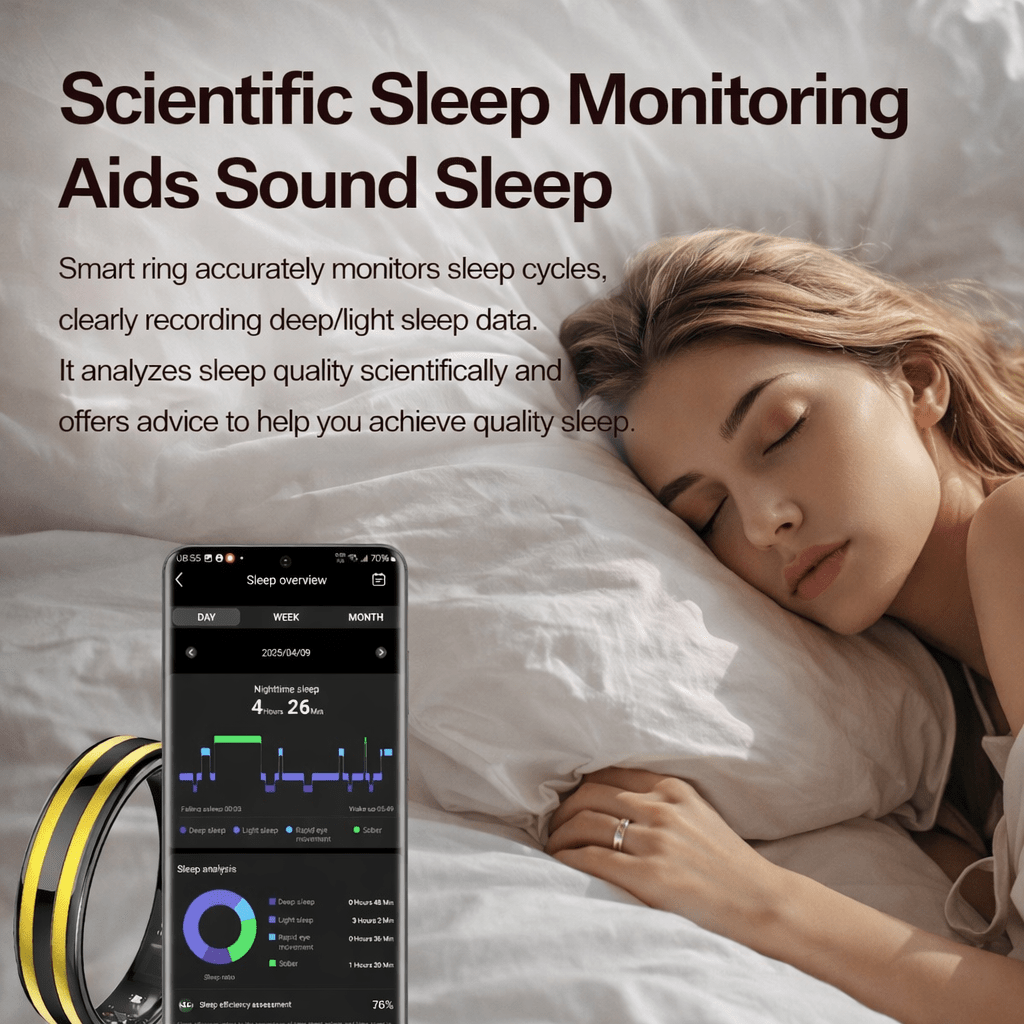 Woman asleep on white bedding beside an HR2 ring and sleep monitoring app dashboard
