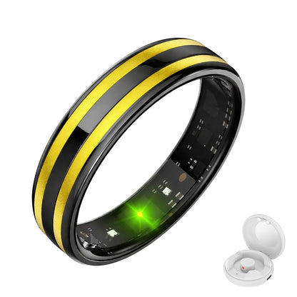 Black and gold HR2 smart ring with glowing green inner sensor and white charging case