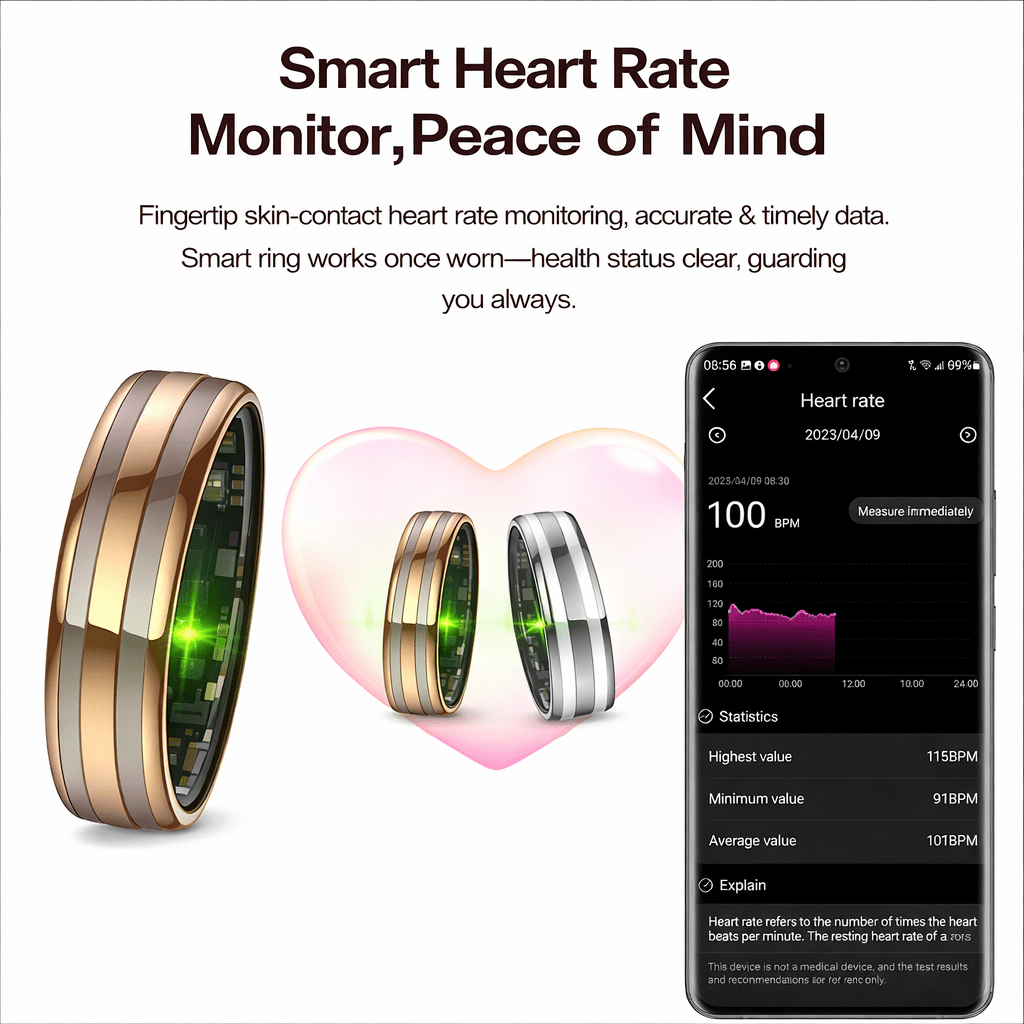 Rose gold and silver HR2 rings beside a phone showing heart rate data and a 100 BPM reading