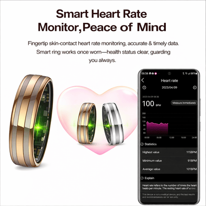 Rose gold and silver HR2 rings beside a phone showing heart rate data and a 100 BPM reading