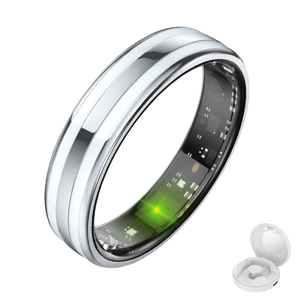 Silver HR2 smart ring with glowing green inner sensor and white charging case