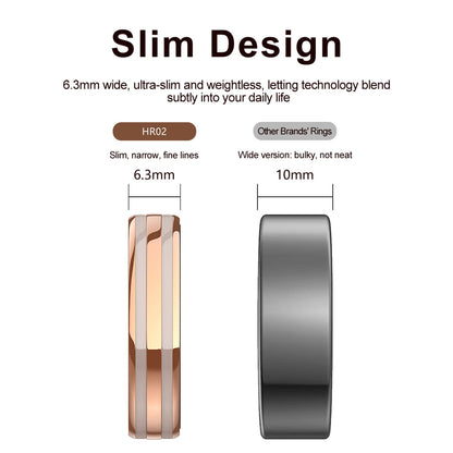HR2 rose gold ring compared at 6.3 mm width with a wider 10 mm black ring