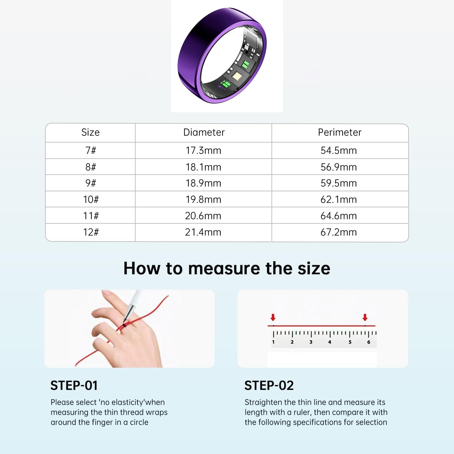 Purple smart ring size chart for sizes 7 to 12 with diameter, perimeter, and measuring steps