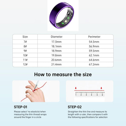 Purple smart ring size chart for sizes 7 to 12 with diameter, perimeter, and measuring steps