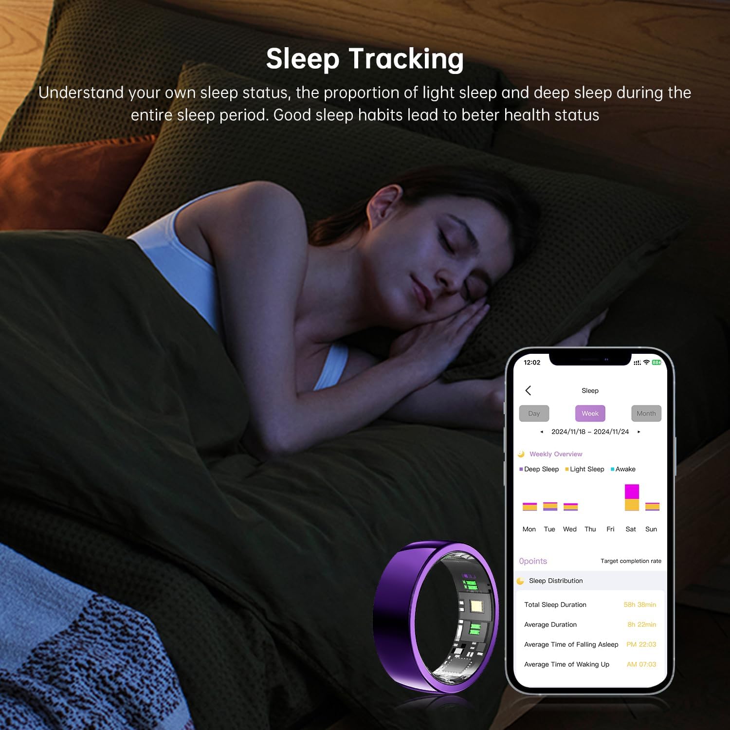 Sleeping woman beside purple smart ring and phone showing a weekly sleep stage chart