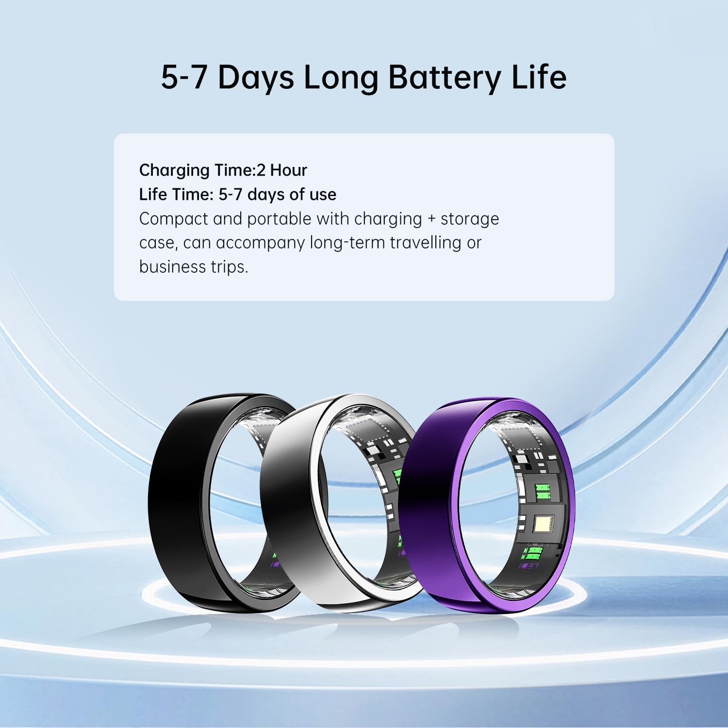 Black, silver, and purple smart rings beneath 5–7 day battery and two-hour charging details