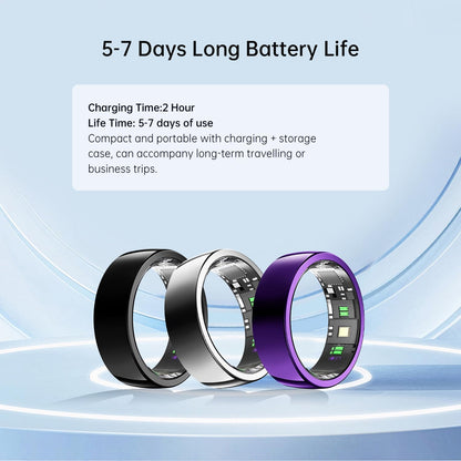 Black, silver, and purple smart rings beneath 5–7 day battery and two-hour charging details