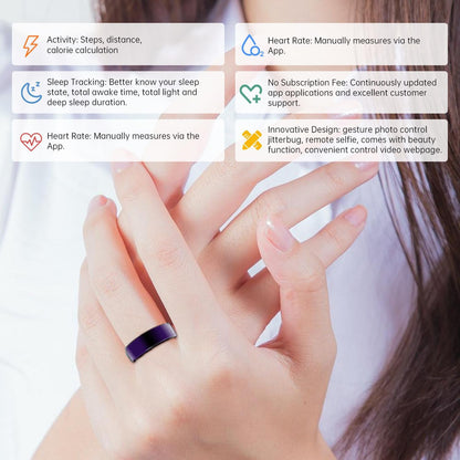 Woman wearing purple smart ring with activity, sleep, heart rate, subscription, and gesture control features#color_purple