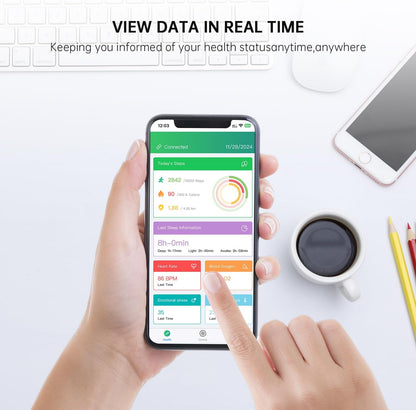 Hand holding phone with real-time steps, sleep, heart rate, blood oxygen, and stress data