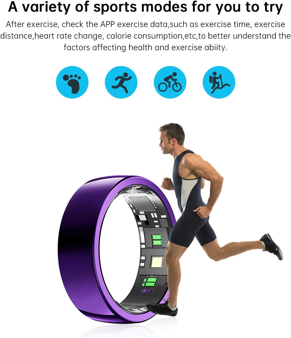 Man running through oversized purple smart ring beneath walking, running, cycling, and hiking icons