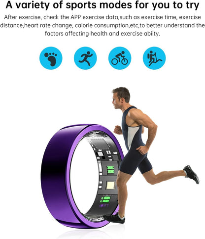 Man running through oversized purple smart ring beneath walking, running, cycling, and hiking icons
