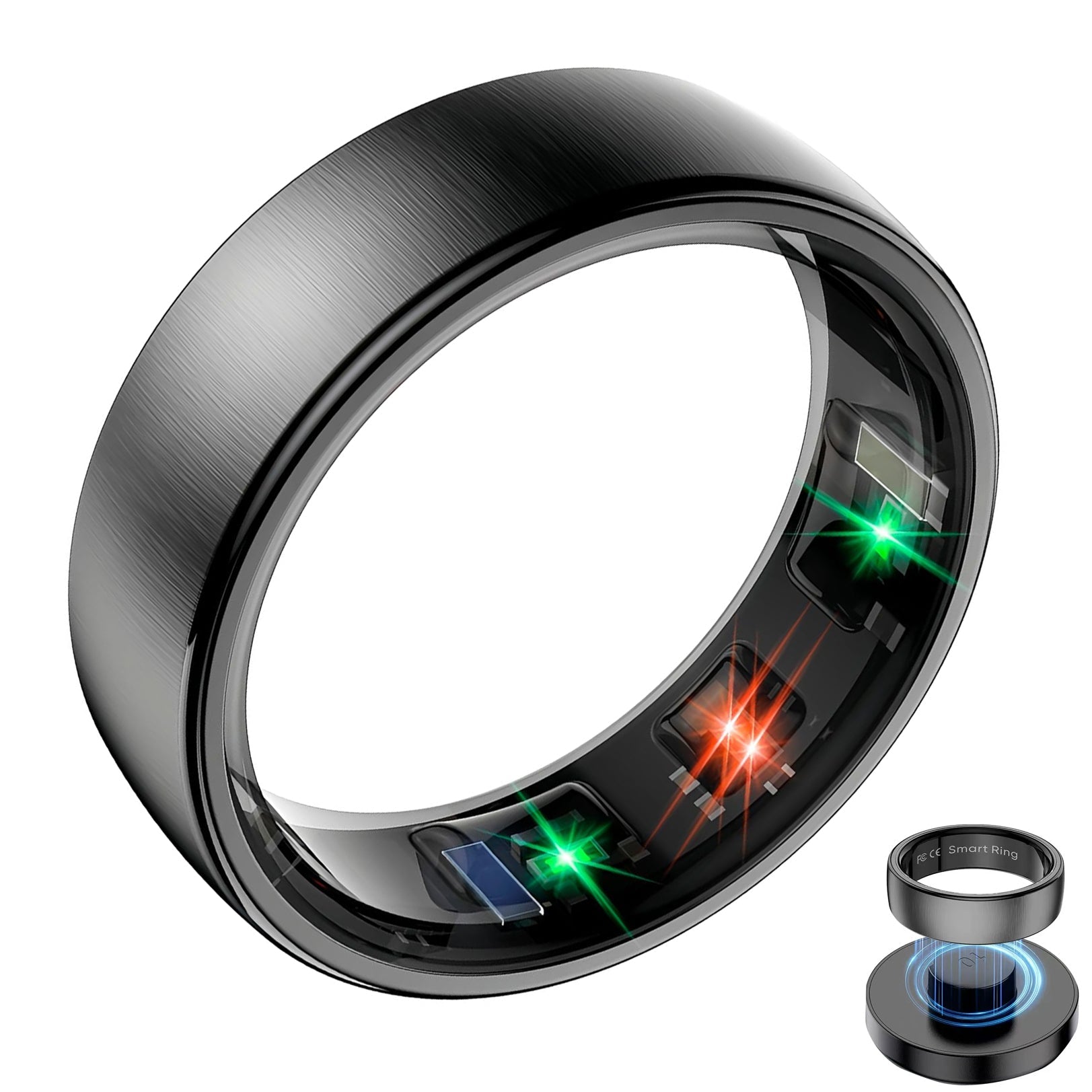Black R10 smart ring with brushed finish, illuminated inner sensors, and magnetic charging dock