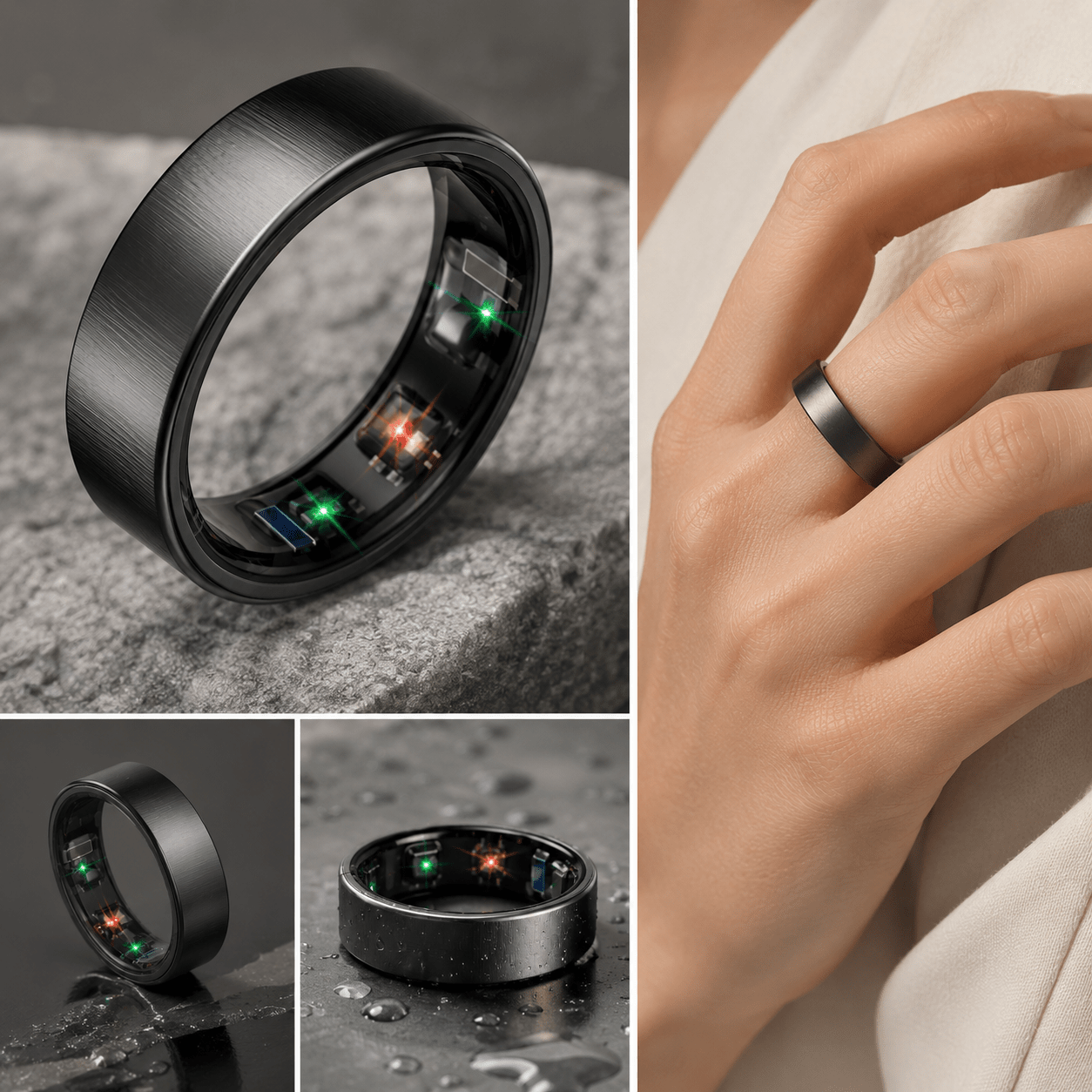 Black R10 ring detail collage showing inner sensors, water droplets, and finger fit
