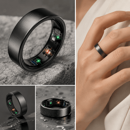 Black R10 ring detail collage showing inner sensors, water droplets, and finger fit