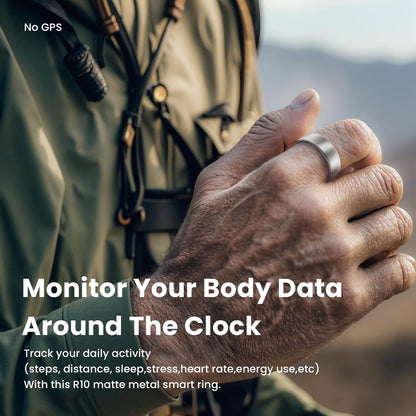 Outdoor close-up of silver R10 ring with daily activity and body data tracking text
