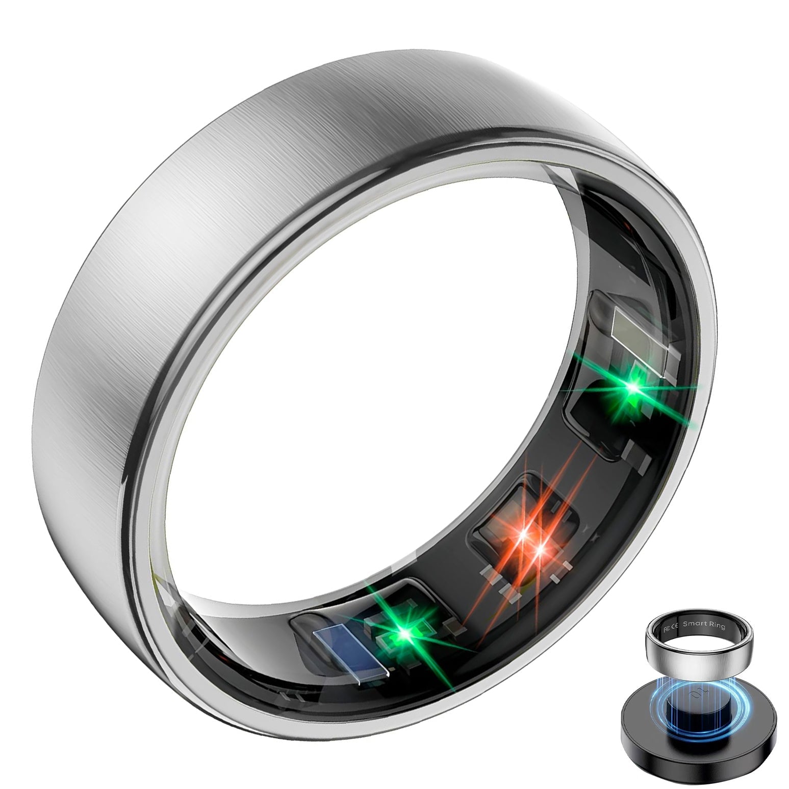 Silver R10 smart ring with brushed finish, illuminated inner sensors, and magnetic charging dock