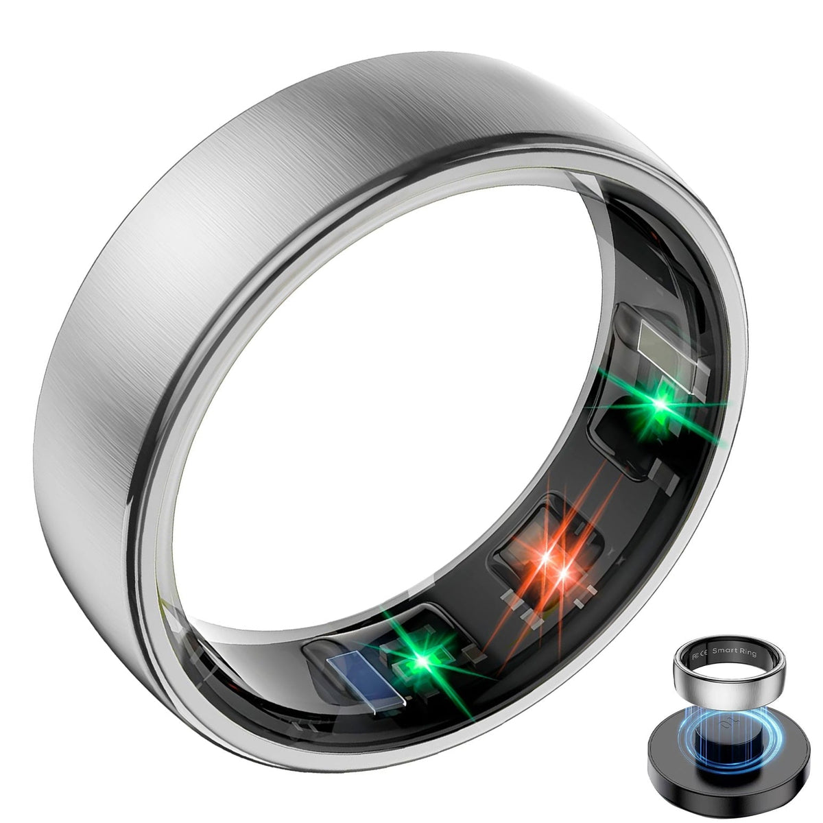 R10 Silver smart ring with brushed finish and charging dock#color_r10-silver