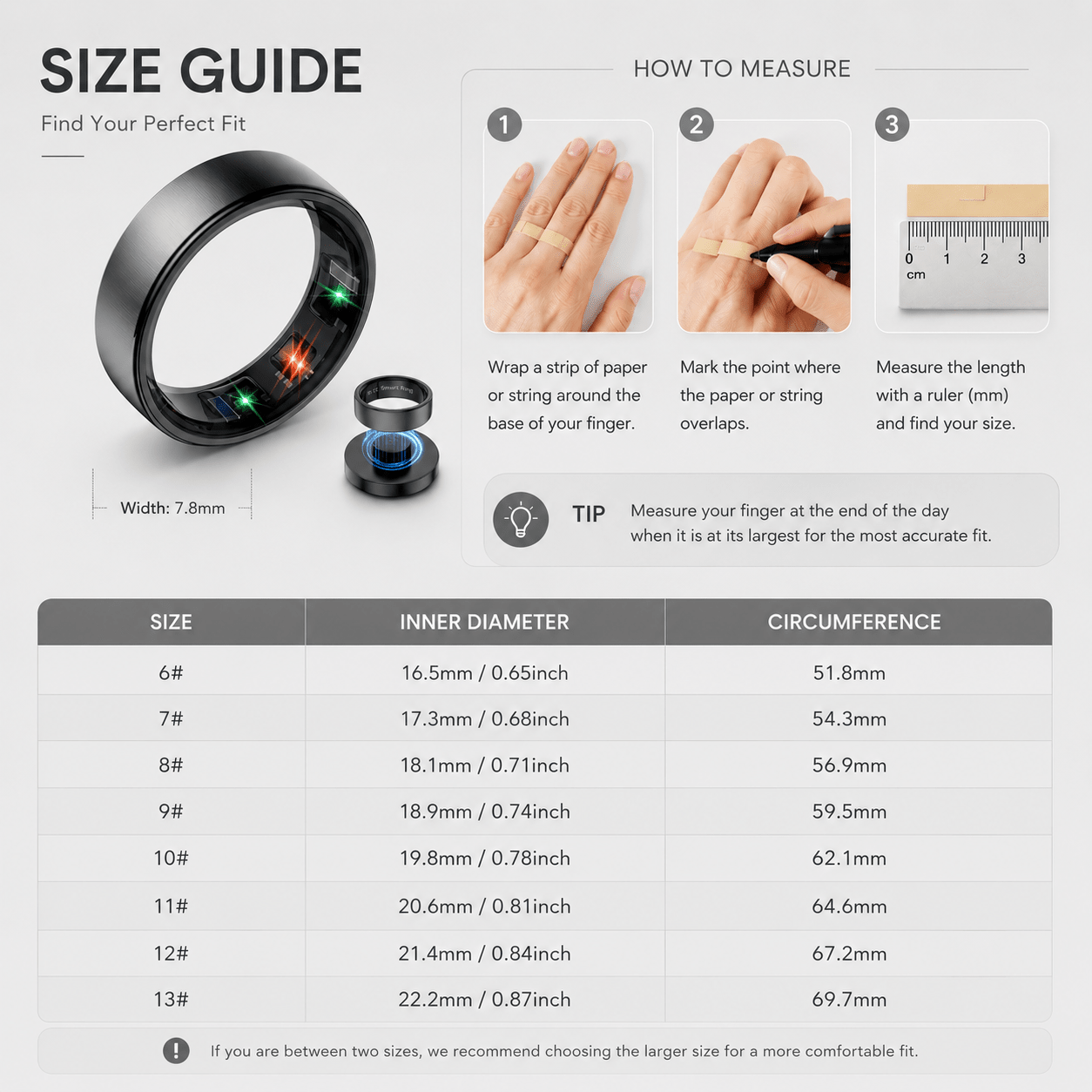 R10 size guide for sizes 6 to 13 with paper-strip measuring steps and diameter chart
